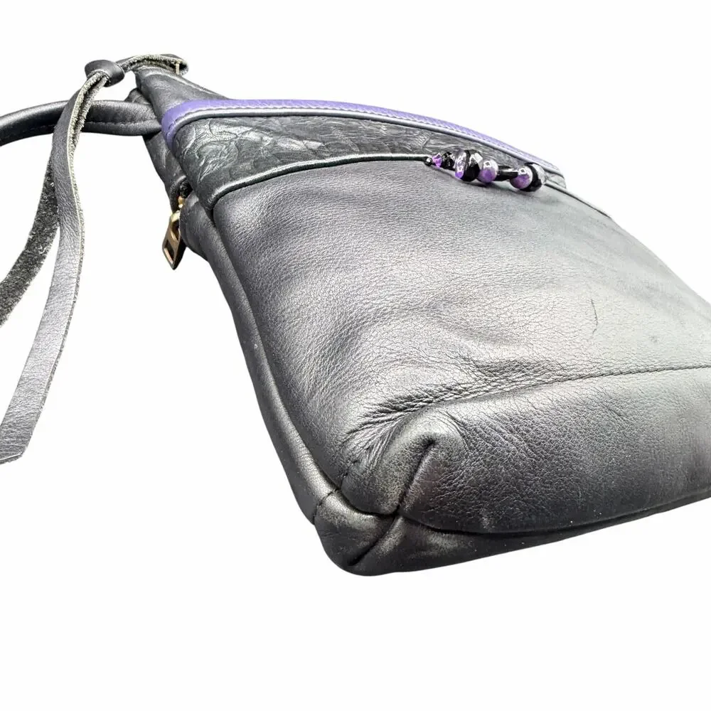Handmade Black Leather Crossbody Bag Purple Beaded Accent